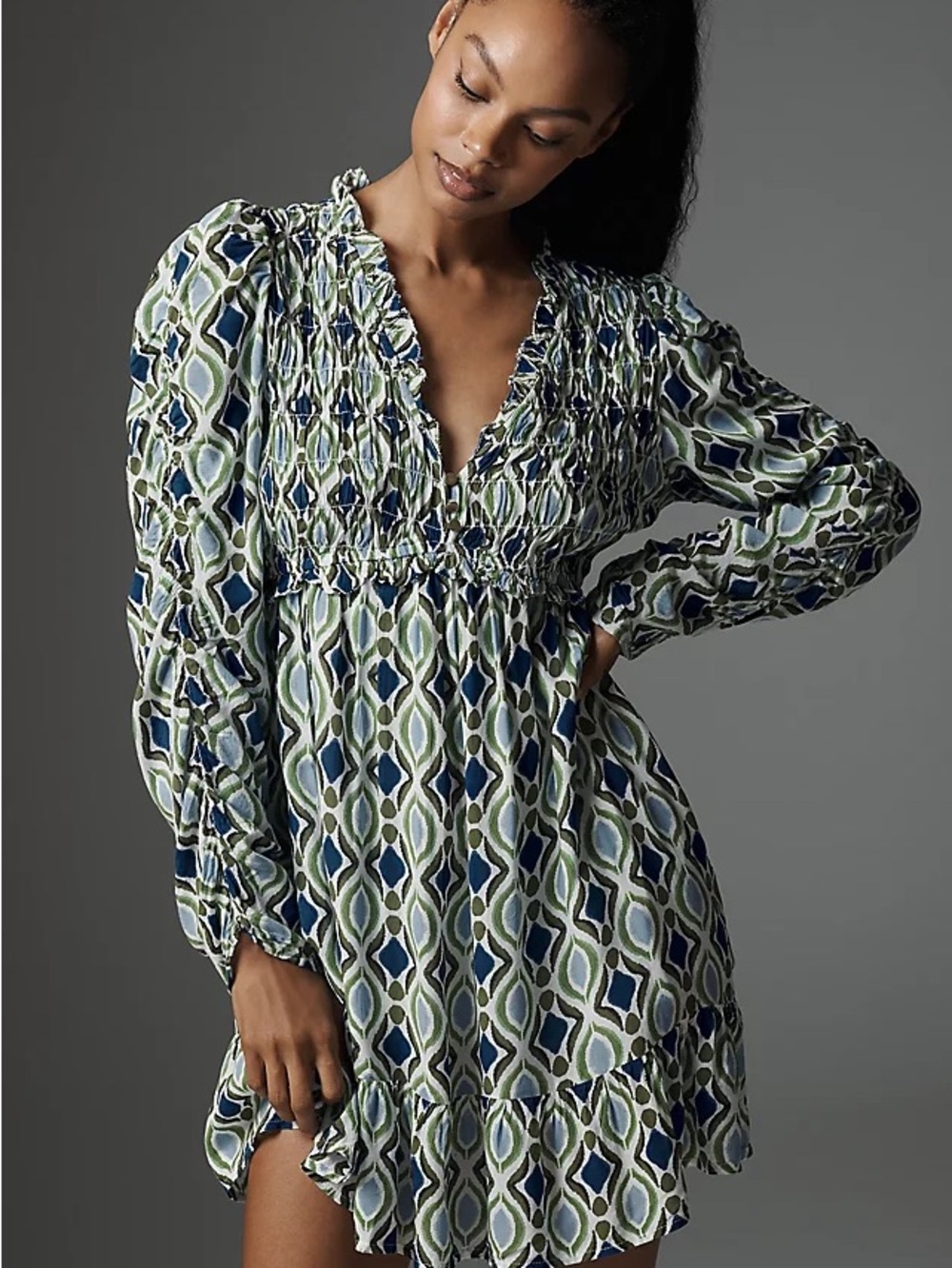 Anthropologie Long-Sleeve Smocked Geo Mini Dress in Blue and Green